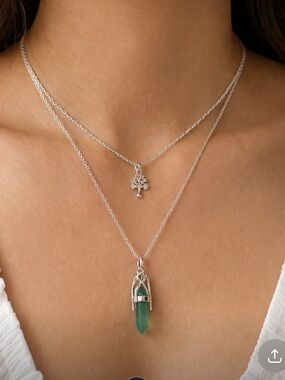 Believe by Brilliance Layered Necklace Set – Silver Plated w/ Green Stone (NEW)